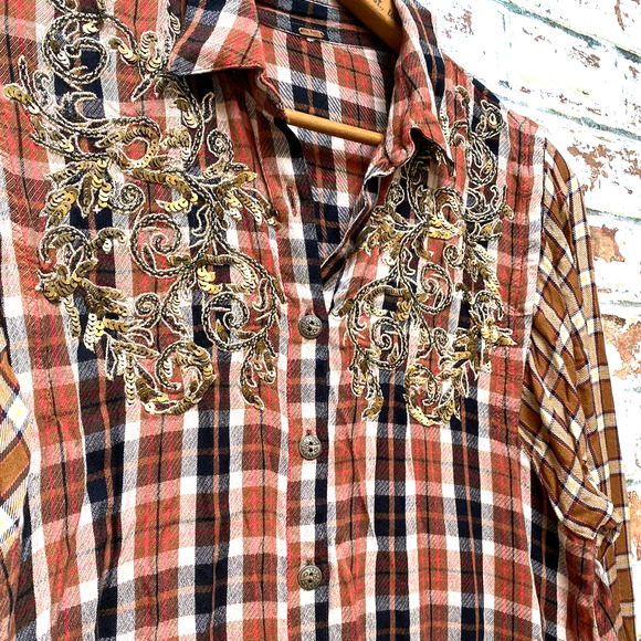 Free People Gold Embroidery Copper Two Tone Plaid Flowing Button Down Blouse - Picture 5 of 10